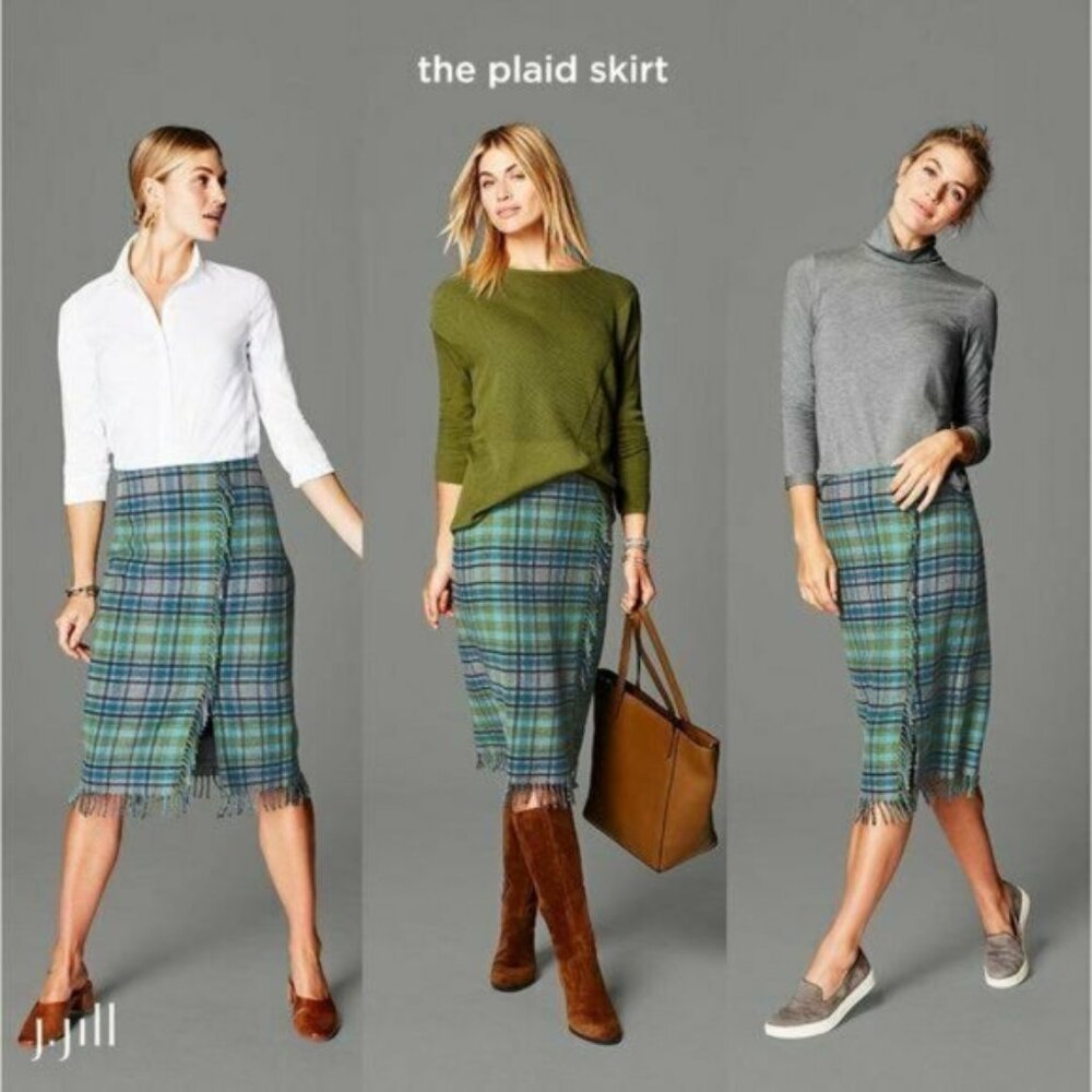 J. Jill Plaid Pencil Skirt Wool Blend Plaid Fringe Blue Green Southwest Boho 12